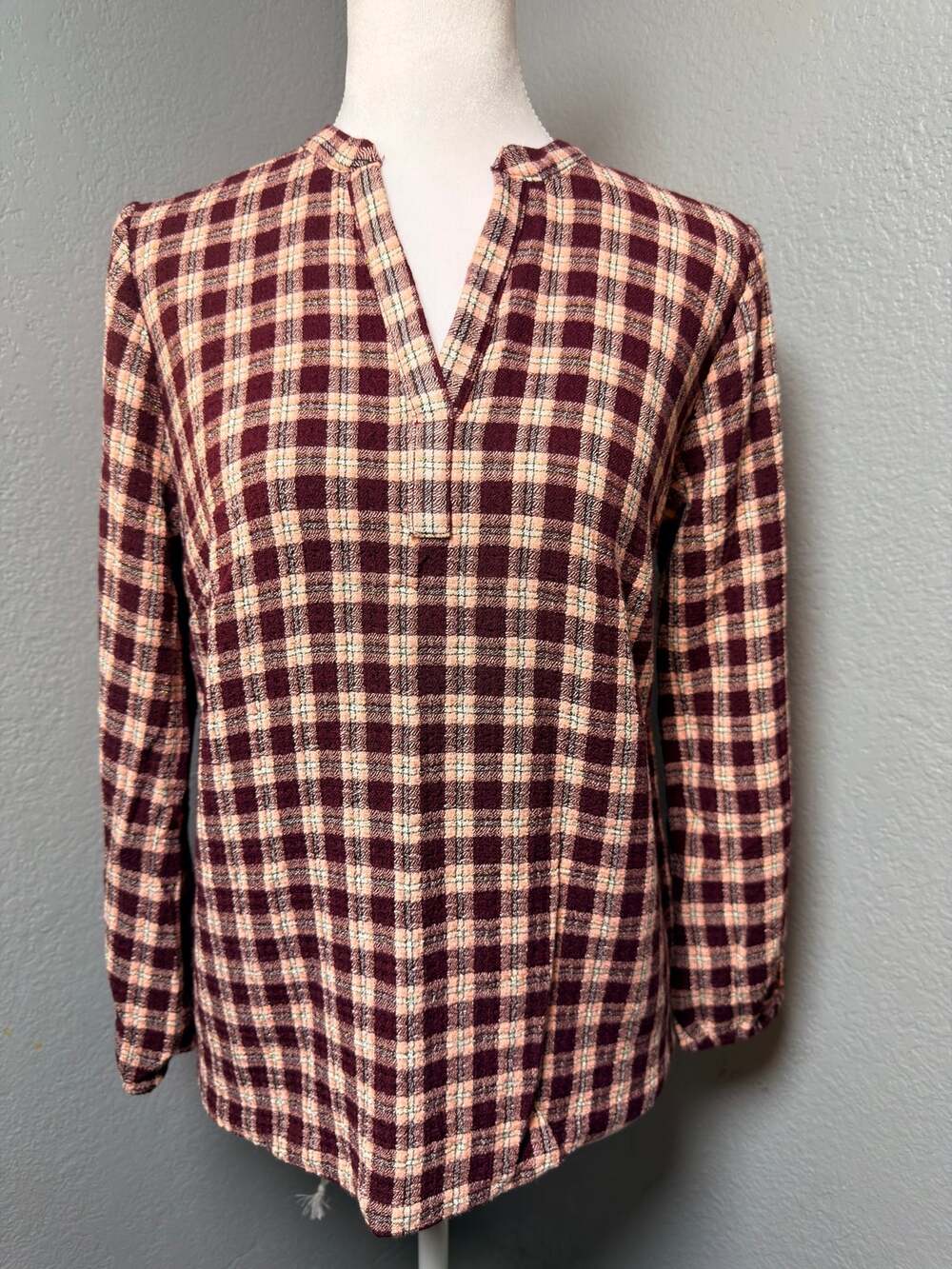 NWT Felina Plaid Knit Pullover Top XS Burgundy Blush Check